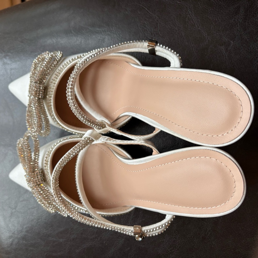 Elegant White Satin Wedding Heels with Rhinestone Bow & Adjustable Ankle Strap! - Picture 4 of 9